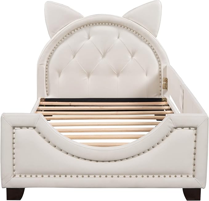 Twin Size Upholstered Daybed, Wooden Low Platform Bed Frame with Carton Ears Shaped Headboard, Rails for Kids Girls Boys, White - LeafyLoom