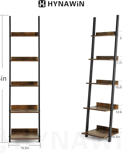 HYNAWIN 5 Tier Ladder Shelf-Wood & Metal Bookcase,Wall Mount Bookshelf Standing Unit,Multipurpose Plant Stand for Livingroom,Kitchen,Space Saving Display Rack,Industrial Accent Furniture - LeafyLoom
