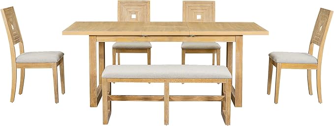 6-Piece Farmhouse Wood Extendable Dining Table Set with 18" Butterfly Leaf, 4 Upholstered Chairs and Versatile Long Bench, for Kitchen Room Furniture, Natural, 60"-78" L x 36" W x 30" H - LeafyLoom