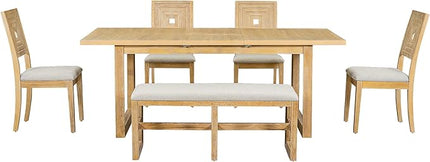 6-Piece Dining Set, Wood Extendable 78inch Kitchen Table with 18" Butterfly Leaf, 4 Upholstered Chairs & Long Bench, Natural, 60"-78" L x 36" W x 30" H - LeafyLoom