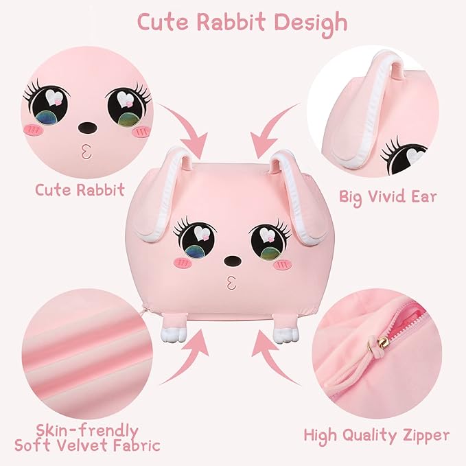 Big Ear Rabbit Toy Organizers and Storage, Cute Bean Bag Chair Pink for Girls Room Decorations, Large Size 22x24 Inch Velvet Extra Soft, Cover ONLY - LeafyLoom