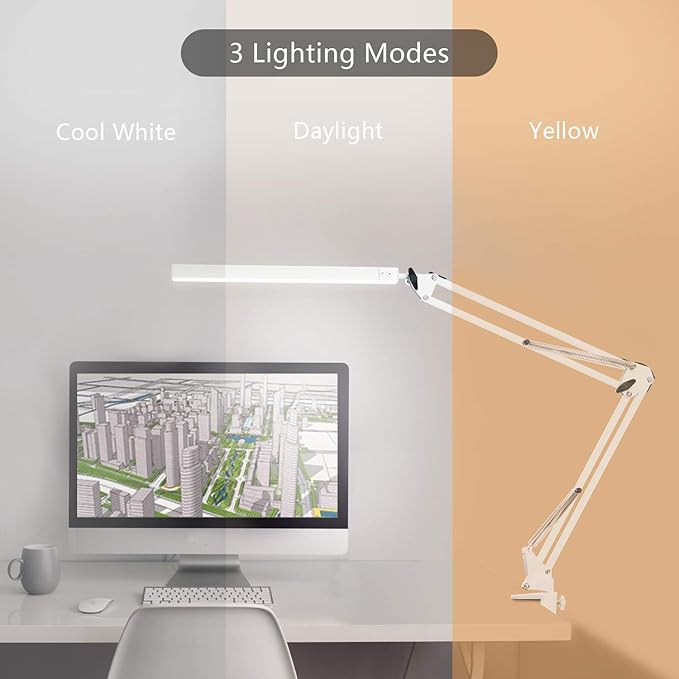 LED Desk Lamp, Architect Task Lamp, Metal Swing Arm Dimmable Drafting Table Lamp with Clamp (3 Color Modes, 10-Level Dimmer, Memory Function) Highly Adjustable Office, Craft, Workbench Light - LeafyLoom