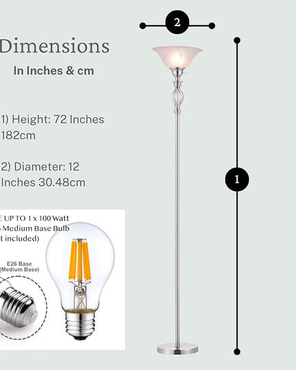 LIGHTACCENTS Silver Floor Lamp for Living Room with White Alabaster Glass Shade - Stand Up Torchiere Lamp - Durable Iron Scrollwork - Brushed Nickel Pole Lamp - Elegant Floor Lamp for Bedrooms - LeafyLoom