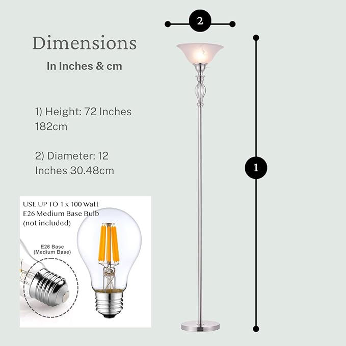 LIGHTACCENTS Silver Floor Lamp for Living Room with White Alabaster Glass Shade - Stand Up Torchiere Lamp - Durable Iron Scrollwork - Brushed Nickel Pole Lamp - Elegant Floor Lamp for Bedrooms - LeafyLoom