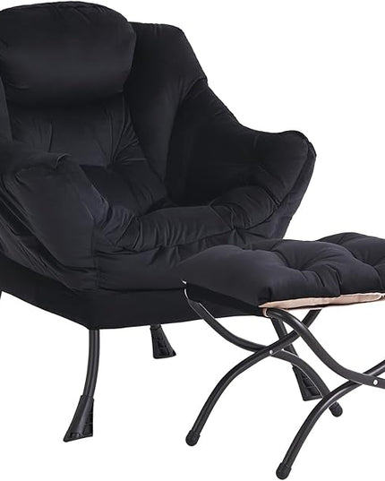 Lazy Chair and Ottoman, Large Accent Lounge Chair with Armrests and a Side Pocket, Modern Leisure Upholstered Sofa Reading Armchair with Footrest for Bedroom, Living Room, Dorm Rooms, Office - LeafyLoom