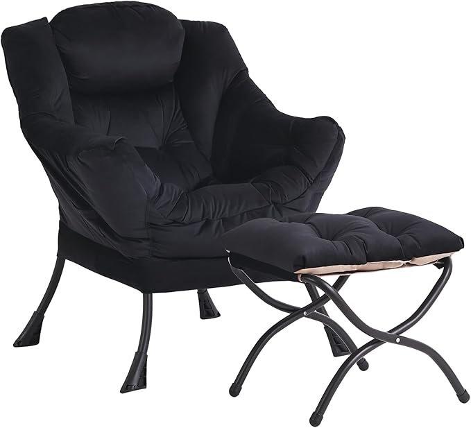 Lazy Chair and Ottoman, Large Accent Lounge Chair with Armrests and a Side Pocket, Modern Leisure Upholstered Sofa Reading Armchair with Footrest for Bedroom, Living Room, Dorm Rooms, Office - LeafyLoom