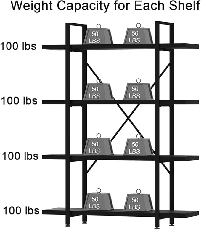 HSH 4 Tier Black Bookshelf, Industrial Metal Wood Storage Book Shelves, Modern Open 4 Shelf Bookcase and Display Etagere, Vertical Book Shelf for Bedroom Living Room Office - LeafyLoom