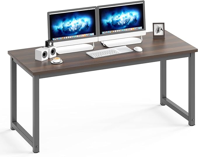 NSdirect Large Office Desk for Home Office, Large 63” Computer Desk Table, Wide Writing Study Desk for 2 Person, Metal Sturdy Frame Thicker Steel Legs, Black Chocolate - LeafyLoom