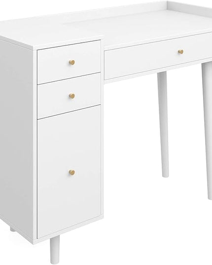 Nathan James Daisy Vanity Dressing Table or Makeup Desk with 4-Drawers and Brass Accent Knobs, White Wood - LeafyLoom