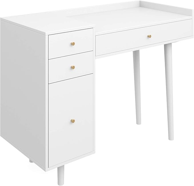 Nathan James Daisy Vanity Dressing Table or Makeup Desk with 4-Drawers and Brass Accent Knobs, White Wood - LeafyLoom