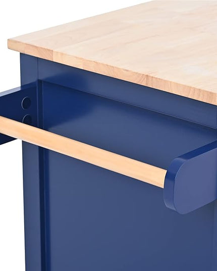 53Inch Kitchen Island Table with Rubber Wood Countertop & Storage, Kitchen-Cart on Locking Wheels w/ 8 Handle-Free Drawers and Side Rack, for Dinning Room, Coffee Bar Service - LeafyLoom