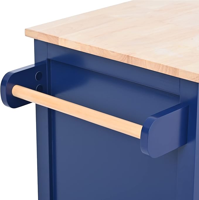 53Inch Kitchen Island Table with Rubber Wood Countertop & Storage, Kitchen-Cart on Locking Wheels w/ 8 Handle-Free Drawers and Side Rack, for Dinning Room, Coffee Bar Service - LeafyLoom