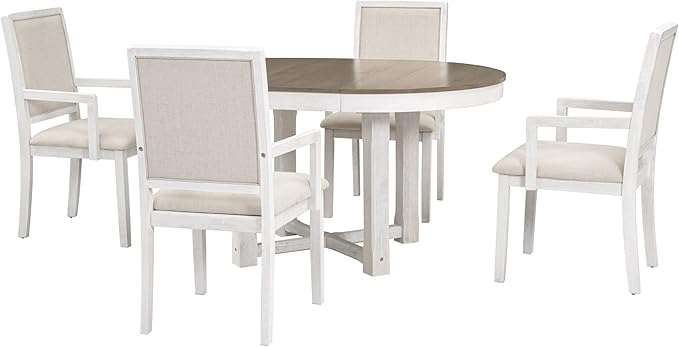 RITSU 5 Piece Retractable Butterfly Leaf Table Set, Sectional Two Sizes, Round to Oval Convertible, with 4 Upholstered Dining Chairs and Armrests for Living Room, Kitchen,Brown&White, 57.7inch - LeafyLoom