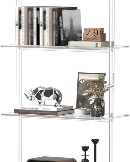 Acrylic Ladder Bookshelf, 4-Tier Clear Wall Mounted Bookshelf with Open Shelves, Multipurpose Bookcase for Living Room, Bathroom, Office, Modern, 11.6" D x 23.4" W x 59.4" H - LeafyLoom