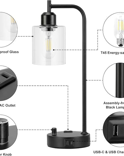 Industrial Nightstand Lamps for Bedrooms Set of 2 - Fully Dimmable Bedside Lamps with USB A C Ports and Outlet, Black Table Lamps with Clear Glass Shade for Living Room, Desk Lamps for Office Reading - LeafyLoom