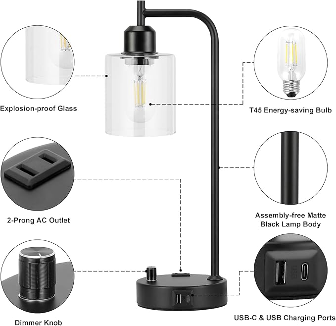 Industrial Nightstand Lamps for Bedrooms Set of 2 - Fully Dimmable Bedside Lamps with USB A C Ports and Outlet, Black Table Lamps with Clear Glass Shade for Living Room, Desk Lamps for Office Reading - LeafyLoom
