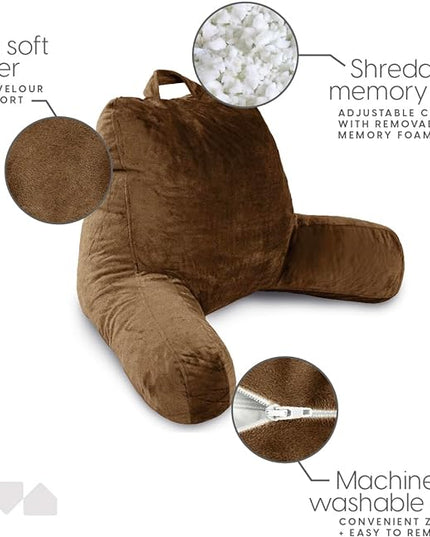 Milliard Reading Pillow with Shredded Memory Foam, Large Adult Backrest with Arms, Back Support for Sitting Up in Bed with Washable Cover (Sit up Pillow) Brown - LeafyLoom