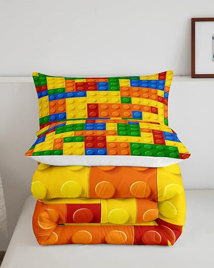 Feelyou Games Comforter Set King Building Blocks Bedding Set for Kids Boys Girls Colorful Geometric Toy Brick Comforter Gaming Nursery Quilt Duvet Set with 2 Pillowcase Boys - LeafyLoom