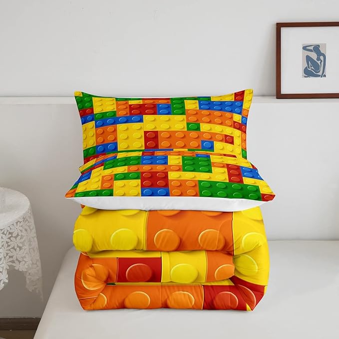Feelyou Games Comforter Set King Building Blocks Bedding Set for Kids Boys Girls Colorful Geometric Toy Brick Comforter Gaming Nursery Quilt Duvet Set with 2 Pillowcase Boys - LeafyLoom