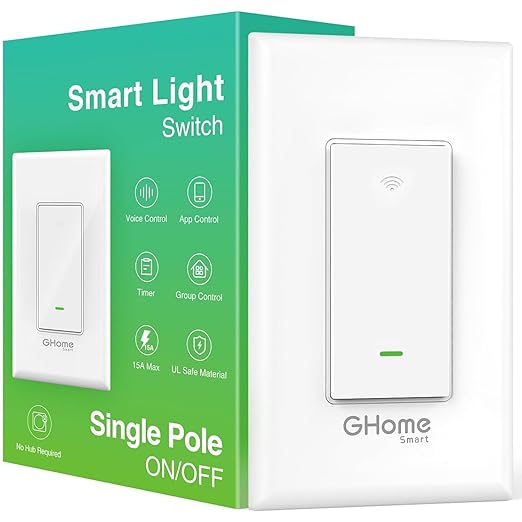 GHome Smart Switch, 2.4Ghz Wi-Fi Light Switch Compatible with Alexa, Google Home, Neutral Wire Required, Single-Pole,UL Certified,Voice Control and Timer, No Hub Required,1 Pack, White (SW5) GhomeSmart