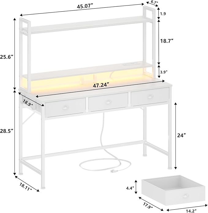 Furologee White Gaming Desk with Power Outlet and LED Light, 47" Computer Desk with 3 Fabric Drawers, Home Office Desk with Monitor Stand and Hutch for Small Space Working, Study Table with Shelf - LeafyLoom