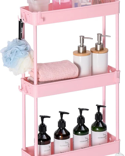 TOOLF Slim Rolling Storage Cart, 3 Tier Utility Cart on Wheels with Hooks, Bathroom Rolling Cart Organizer, Thin Mobile Shelving Unit for Laundry Kitchen Dorm for Nursery Diaper Craft Snack, Pink - LeafyLoom