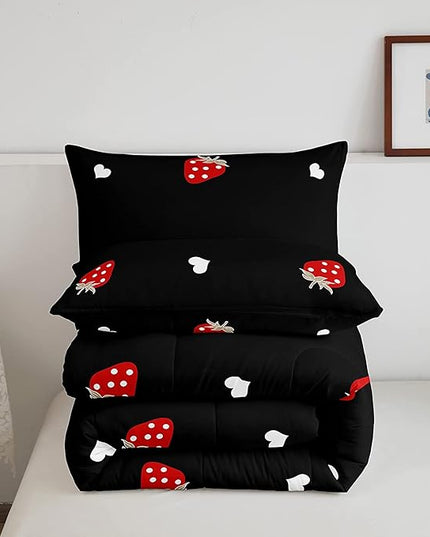 Kawaii Bedding Strawberry Comforter Set King Size Strawberry Decor Down Comforter Red Strawberry Bedding Set Cute Fruits Theme Sweet Strawberry Quilt Set Soft Reversible with 2 Pillowcases, Red Black - LeafyLoom