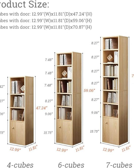 IOTXY Small Narrow Corner Bookcase - 47 Inches Tall Gap Freestanding Storage Cabinet, 4 Lattices Open Shelves Tower Rack with Door, Cubes Bookshelf in White - LeafyLoom