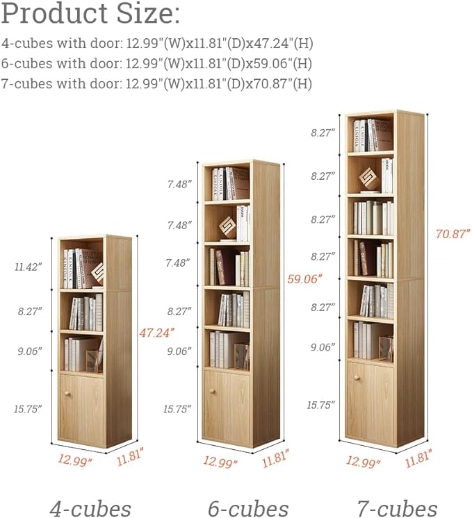 IOTXY Small Narrow Corner Bookcase - 47 Inches Tall Gap Freestanding Storage Cabinet, 4 Lattices Open Shelves Tower Rack with Door, Cubes Bookshelf in White - LeafyLoom