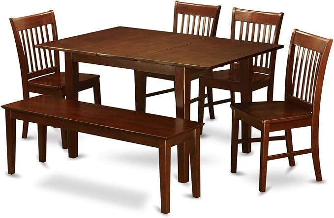 East West Furniture NOFK6C-MAH-W 6 Piece Dining Room Furniture Set Contains a Rectangle Kitchen Table with Butterfly Leaf and 4 Dining Chairs with a Bench, 32x54 Inch, Mahogany - LeafyLoom