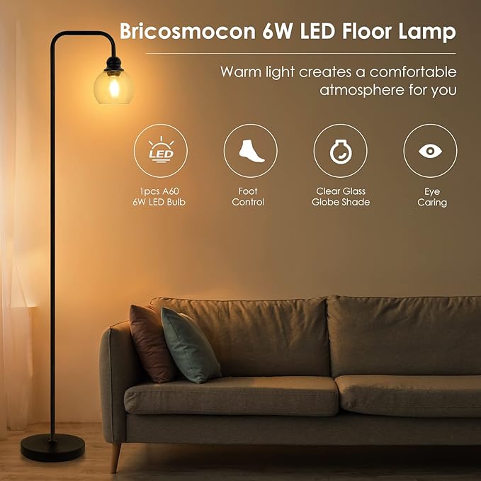 Modern Floor Lamps for Living Room with 6W LED Bulb, Industrial Floor Lamp, Clear Glass, Black Classic Reading Tall Lamp for Home Office, Standing Lamps for Bedroom, Study, Minimalist, Vintage - LeafyLoom