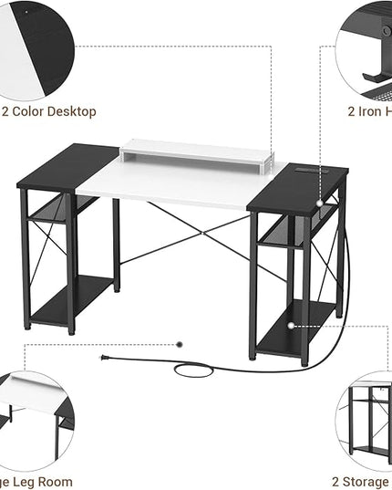 armocity Computer Desk, 55 Inch Desk with Power Outlet and USB, Reversible Large Desk with Moveable Monitor Stand, Industrial Gaming PC Table for Home Office, Workstation, White and Black - LeafyLoom