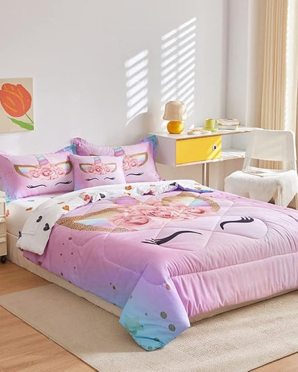 ADASMILE A & S Twin Unicorn Comforter Sets for Girls 6 Pieces Pink Floral Unicorn Bedding Set with Colorful Cute Love Heart Sheets Twin for Girls Unicorn Bed in a Bag Comforter for Home Decor - LeafyLoom