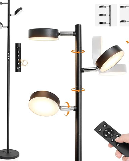 LED Tree Floor Lamp, 30W Dimmable Tall Standing Lamp with Remote & Touch Control, 3000K-6000K 4 Color Temperatures, 3 Rotatable Lights Floor Lamps for Living Room, Bedroom, Office - LeafyLoom