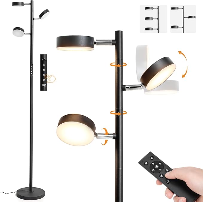 LED Tree Floor Lamp, 30W Dimmable Tall Standing Lamp with Remote & Touch Control, 3000K-6000K 4 Color Temperatures, 3 Rotatable Lights Floor Lamps for Living Room, Bedroom, Office - LeafyLoom