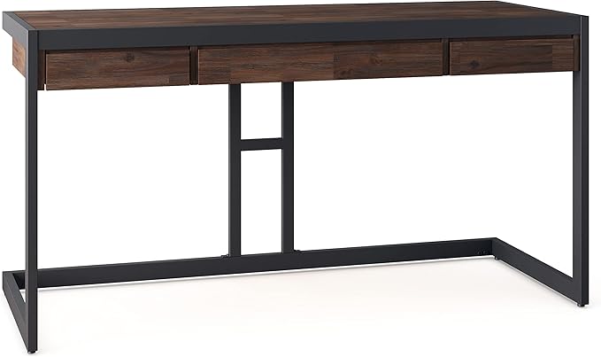 SIMPLIHOME Erina SOLID WOOD and Metal Modern Industrial 60 inch Wide Home Office Desk, Writing Table, Workstation, Study Table Furniture in Distressed Charcoal Brown with 2 Drawers - LeafyLoom