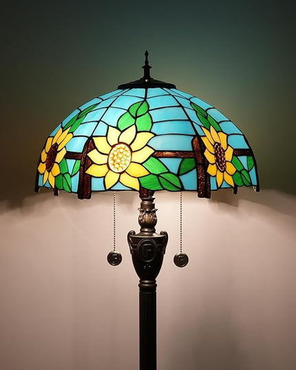 Tiffany Floor Lamp Blue Yellow Sunflowers Stained Glass lamps for Living Room Bedroom Office Lighting Rustic Corner Deco Standing Tall Vintage Kids Aesthetic Mediterranean Style Lamp - LeafyLoom