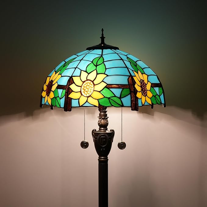Tiffany Floor Lamp Blue Yellow Sunflowers Stained Glass lamps for Living Room Bedroom Office Lighting Rustic Corner Deco Standing Tall Vintage Kids Aesthetic Mediterranean Style Lamp - LeafyLoom