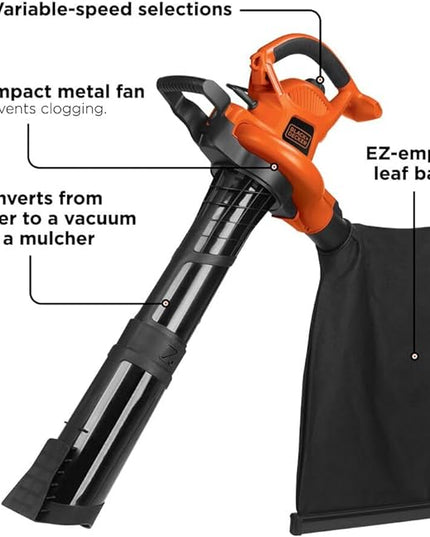 BLACK+DECKER 3-in-1 Electric Leaf Blower, Leaf Vacuum/Mulcher, Corded, 12-Amp (BV6600) - LeafyLoom