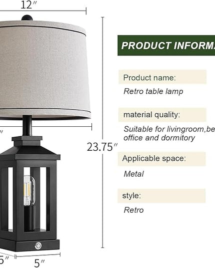 23.75" Retro Farmhouse Black Table Lamp for Living Room Bedroom Nightstand Set of 2 Touch Control Bedside Nightlight Vintage Modern Lamp with USB C+A Ports and 2 Light Sources - LeafyLoom