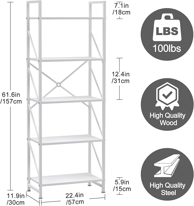 5 Tiers Bookshelf, Tall Bookcase,Classically Modern White Bookshelf Storage Organizer, Industrial Book Storage Rack,Open Shelving Wood Large Modern Bookshelf for Living Room/Bedroom/Home/Office, White - LeafyLoom