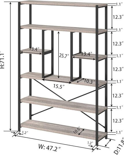 LVB Industrial 6 Tier Bookshelf, Large Tall Open Rustic Vintage Etagere Bookcase, Gray Big Wide Modern Farmhouse Wood and Metal Book Shelf for Home Bedroom Living Room Office Storage, Light Grey Oak - LeafyLoom