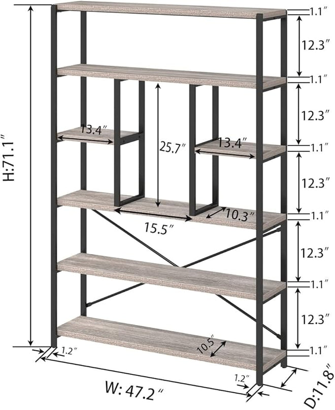 LVB Industrial 6 Tier Bookshelf, Large Tall Open Rustic Vintage Etagere Bookcase, Gray Big Wide Modern Farmhouse Wood and Metal Book Shelf for Home Bedroom Living Room Office Storage, Light Grey Oak - LeafyLoom