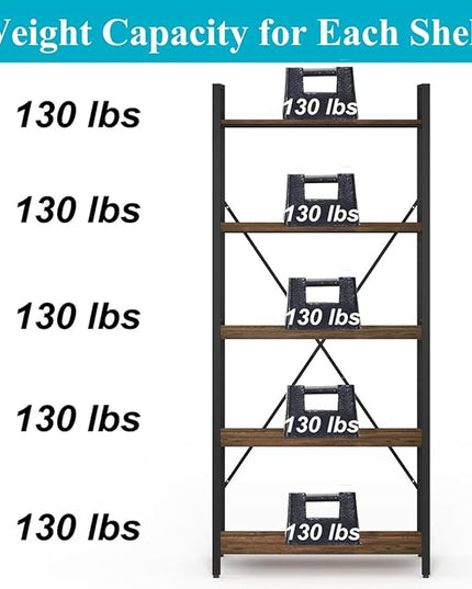 BON AUGURE Industrial Bookshelf, Etagere Bookcases and Book Shelves 5 Tier, Rustic Wood and Metal Shelving Unit (Rustic Oak) - LeafyLoom