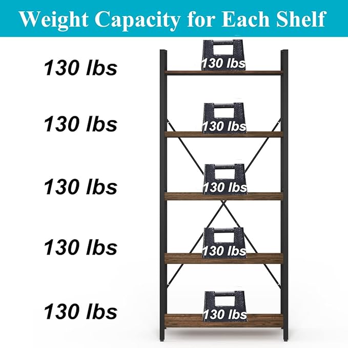 BON AUGURE Industrial Bookshelf, Etagere Bookcases and Book Shelves 5 Tier, Rustic Wood and Metal Shelving Unit (Rustic Oak) - LeafyLoom