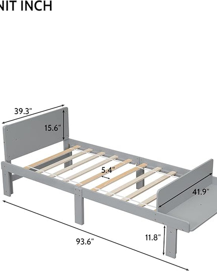 Twin Bed with Footboard Bench, Twin Kid Bed with Headboard, Wood Slat Support, Cute Kid Bed Frame with Book Storage Space, Twin Car Bed for Boys Girls Bedroom, No Box Spring Needed, Grey - LeafyLoom