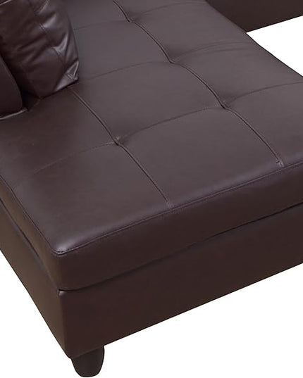 ROOMTEC Button L Shape 3 Piece Sectional Sofa Set, Upholstered Corner Couch with Storage Ottoman, Faux Leather Tufted Cushions, for Living Room, Apartment, 103inch, Deer Brown w/Right Chaise Lounge - LeafyLoom