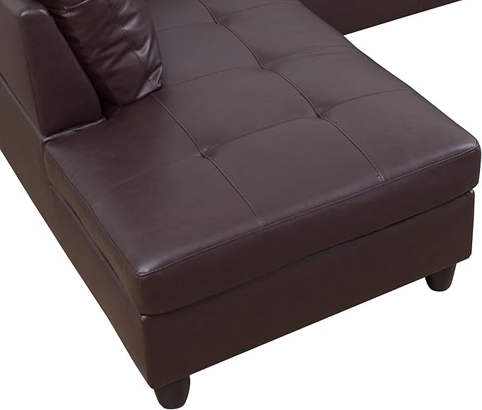 ROOMTEC Button L Shape 3 Piece Sectional Sofa Set, Upholstered Corner Couch with Storage Ottoman, Faux Leather Tufted Cushions, for Living Room, Apartment, 103inch, Deer Brown w/Left Chaise Lounge - LeafyLoom