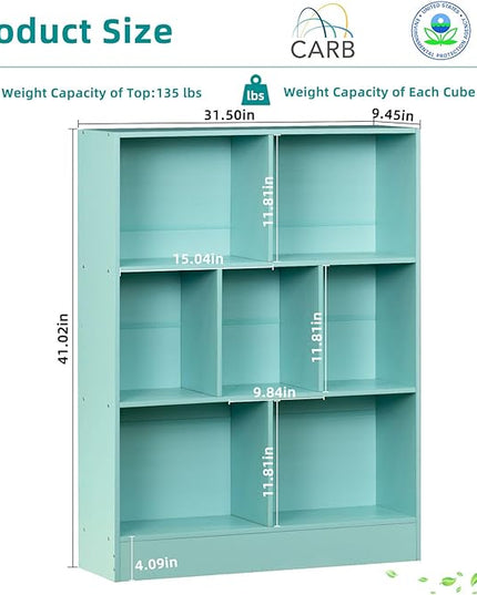 LEYAOYAO 7 Cube Bookshelf with Base,3 Tier Modern Mint-Green Kids Bookcase,Standing Wide Bookshelves Storage Organizer Toy Shelf,Wood Display Children's Book Shelves for Bedroom,Living Room,Nursery - LeafyLoom