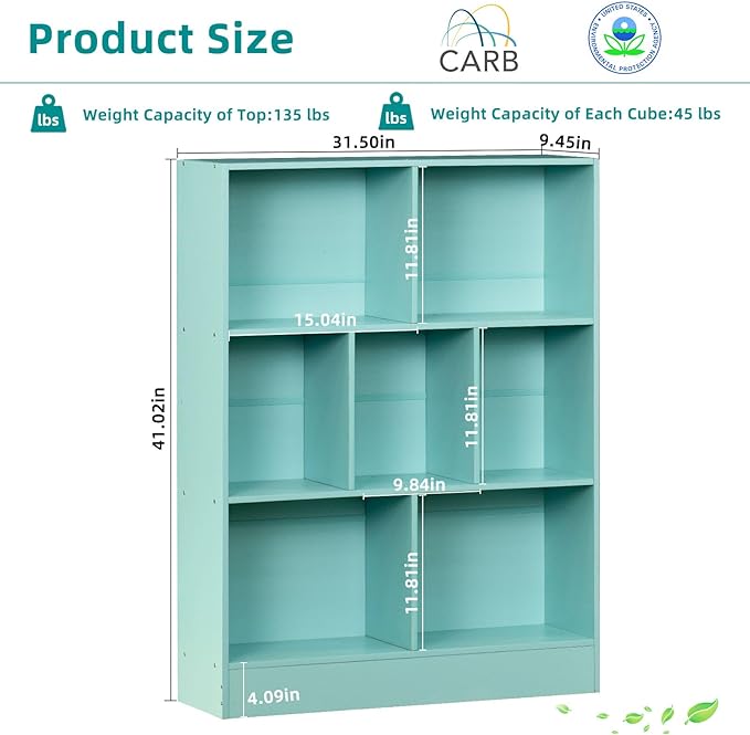 LEYAOYAO 7 Cube Bookshelf with Base,3 Tier Modern Mint-Green Kids Bookcase,Standing Wide Bookshelves Storage Organizer Toy Shelf,Wood Display Children's Book Shelves for Bedroom,Living Room,Nursery - LeafyLoom